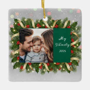 Holly Wreath Family Photo Christmas Keepsake Ceramic Ornament