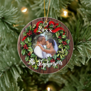 Holly Wreath First Christmas Couple Wedding Photo Ceramic Ornament