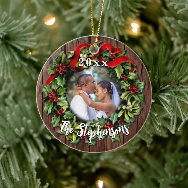 Holly Wreath First Christmas Couple Wedding Photo Ceramic Ornament (Tree)