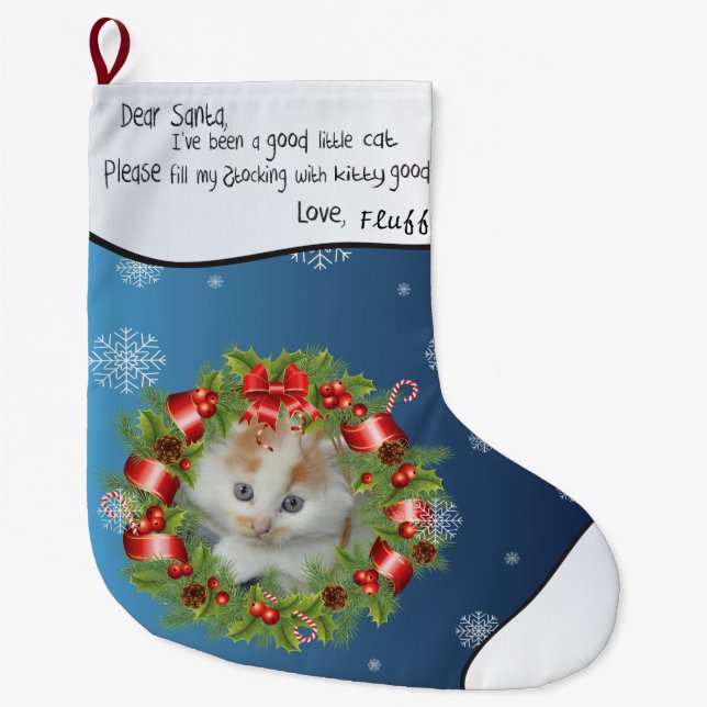 Holly Wreath Frame Personalise YOUR CAT PHOTO blue Large Christmas Stocking (Front)