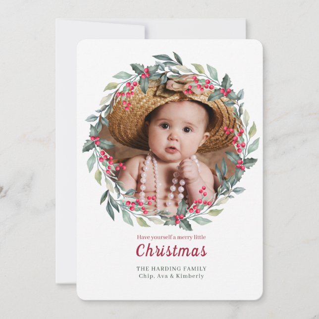 Holly Wreath Frame Photo Holiday Card (Front)