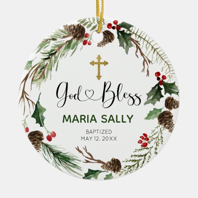 Holly Wreath Girl Baptism Ornament (Front)