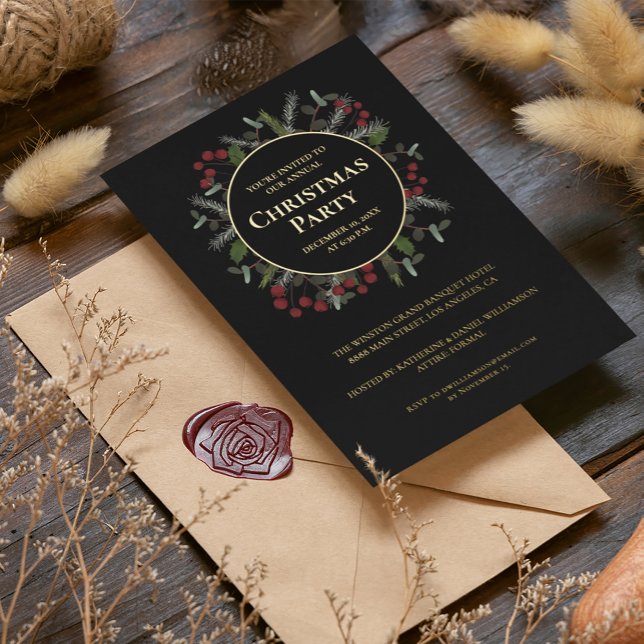 Holly Wreath Gold Foil Corporate Christmas party  Foil Holiday Card (Corporate Christmas Party invitation in black, red, green wreath holiday foliage and real gold foil.)