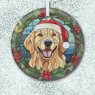 Holly Wreath Golden Retriever Dog Christmas Glass Tree Decoration