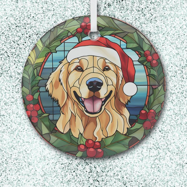 Holly Wreath Golden Retriever Dog Christmas Glass Tree Decoration (Creator Uploaded)