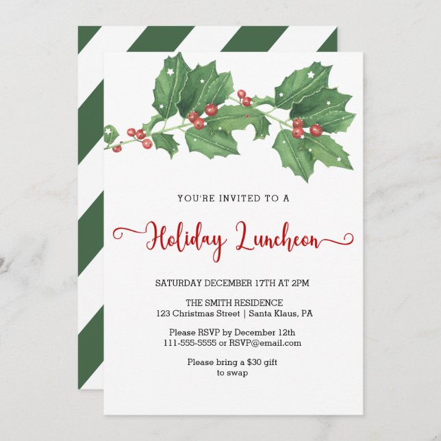 Holly Wreath Holiday Luncheon Invitation (Front/Back)