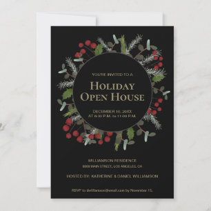 Holly Wreath Holiday Open House Christmas Party Invitation