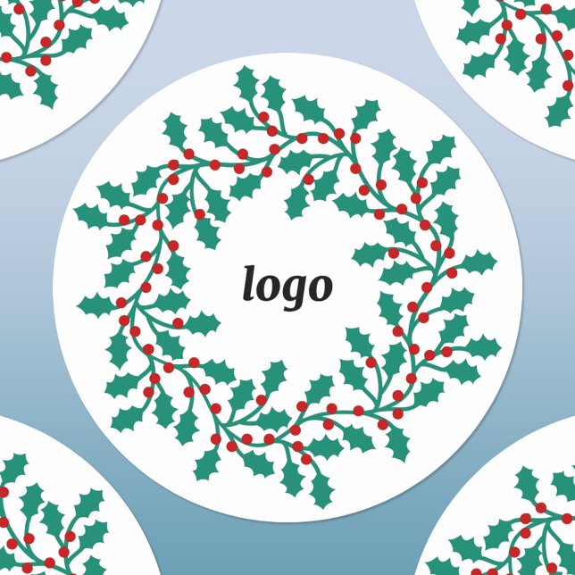 Holly Wreath Logo Business Holidays Classic Round Sticker (Logo holly wreath business promotional holiday sticker)