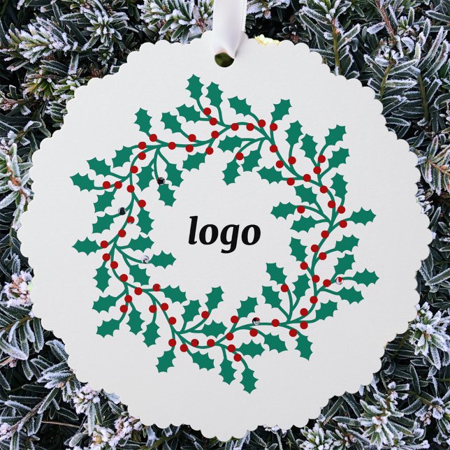 Holly Wreath Logo Business Tree Decoration Card (Simple logo holly wreath business promotional holiday paper ornament card)
