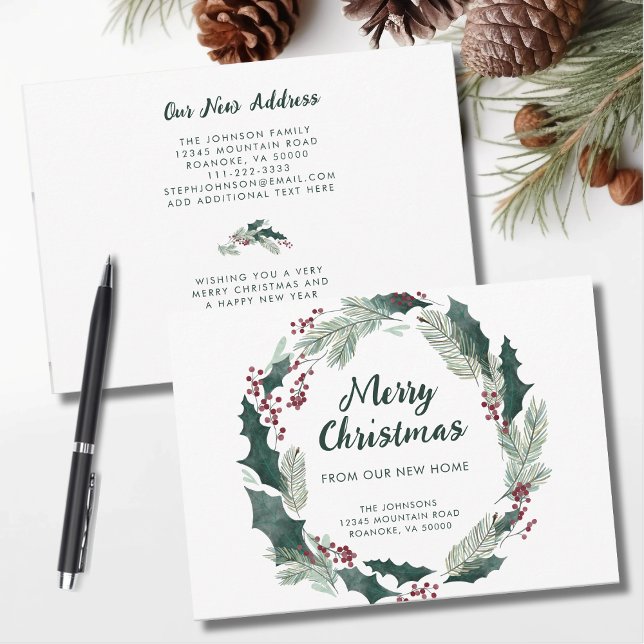 Holly Wreath Merry Christmas from New Home Announcement (Holly Wreath Merry Christmas from Our New Home Announcement Flat Card with Envelope)