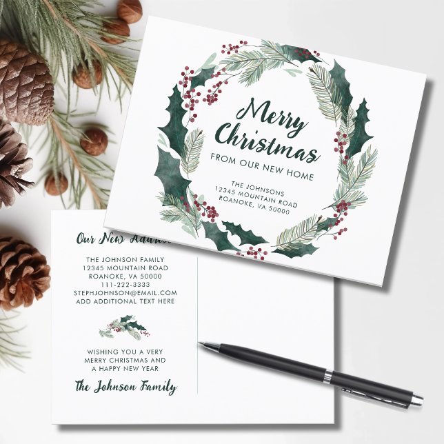 Holly Wreath Merry Christmas from New Home   Announcement Postcard (Holly Wreath Merry Christmas from Our New Home Holiday Moving Announcement Postcard)