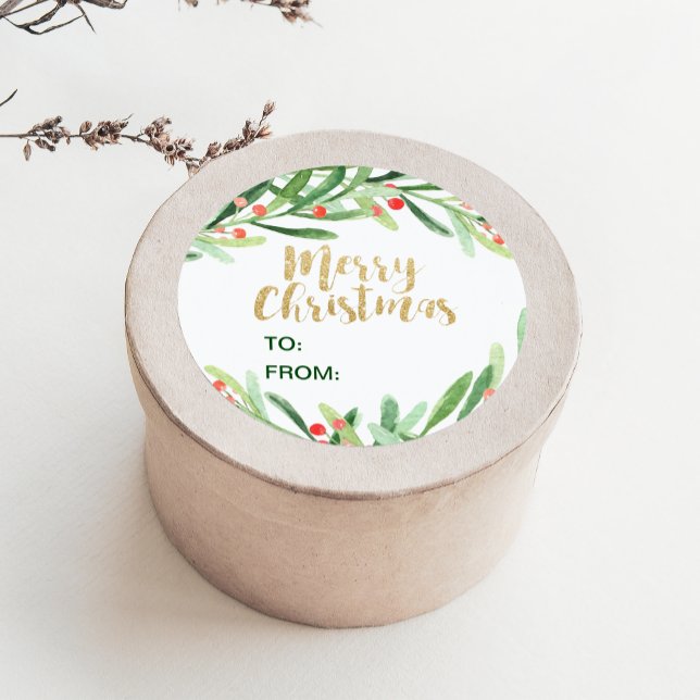 Holly Wreath Merry Christmas Name Classic Round Sticker (Creator Uploaded)