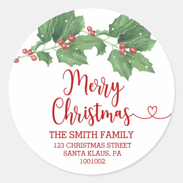 Holly Wreath Merry Christmas Return Address Classic Round Sticker (Front)