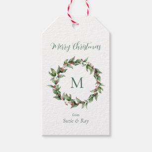 Holly Wreath Monogram Christmas  Gift Tags