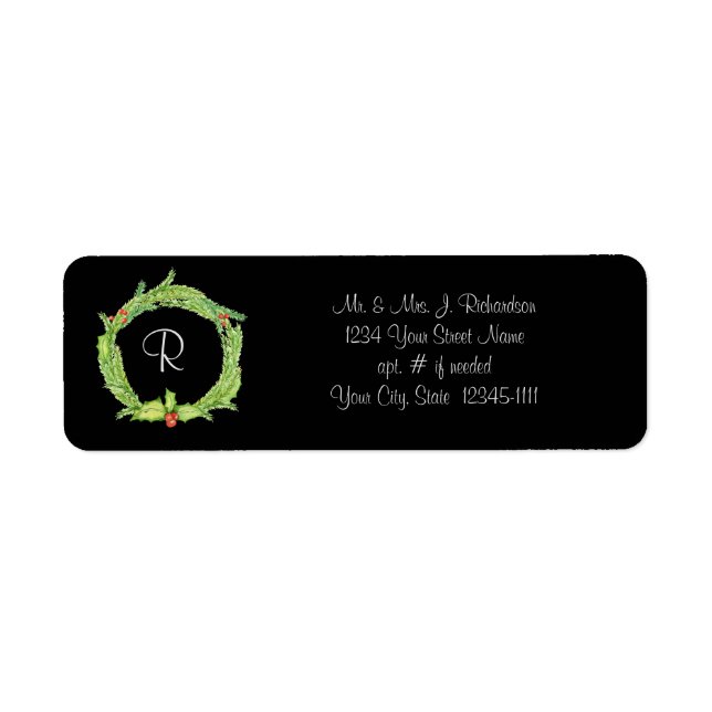 Holly Wreath Monogrammed Return Address Return Address Label (Front)