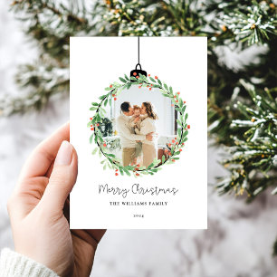 Holly Wreath Ornament Merry Christmas Photo Holiday Card