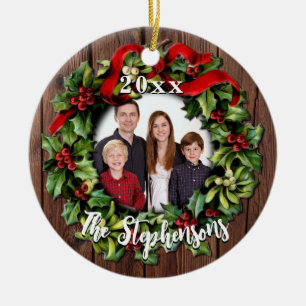 Holly Wreath Personalised Family Photo Keepsake Ceramic Ornament