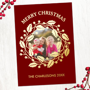 Holly Wreath Photo Foil Holiday Card