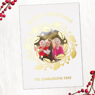 Holly Wreath Photo Foil Holiday Card