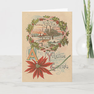 Holly Wreath Poinsettia Winter Cabin Yuletide Holiday Card