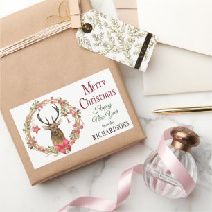Holly Wreath Red Bow Reindeer Christmas Rectangular Sticker