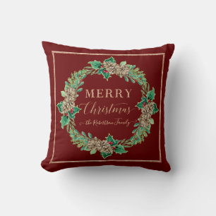 Holly Wreath Rose Gold Typography Merry Christmas Cushion