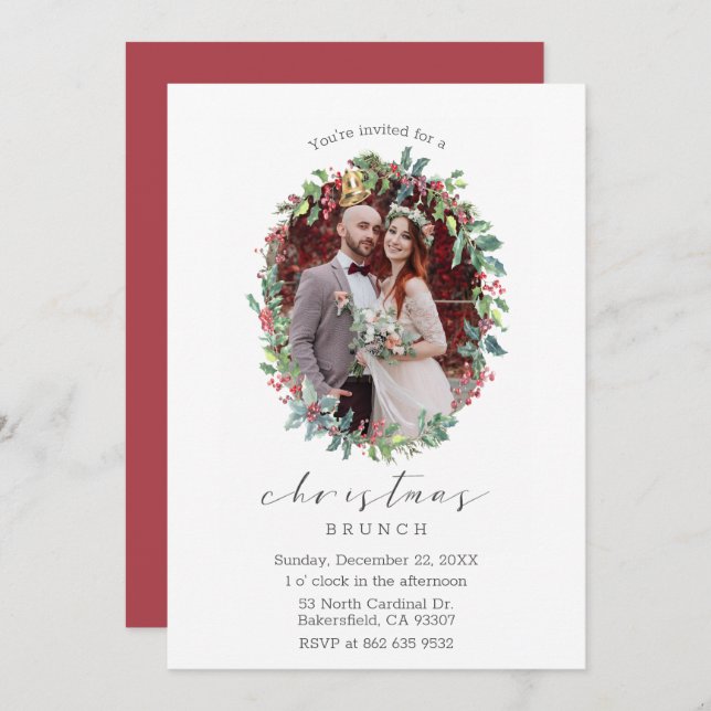 Holly Wreath Script Christmas Photo Invitation (Front/Back)