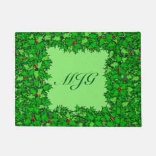 Holly Wreath with Monogram, Dark Green Doormat