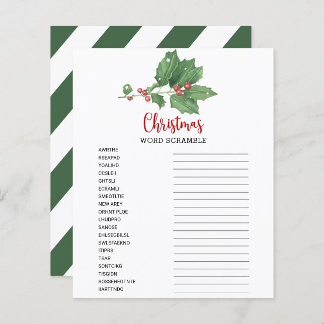 Holly Wreath Word Scramble Game Card  (Front/Back)