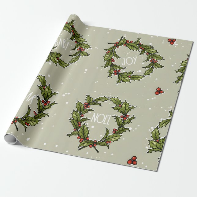 Holly Wreath Wrapping Paper (Unrolled)