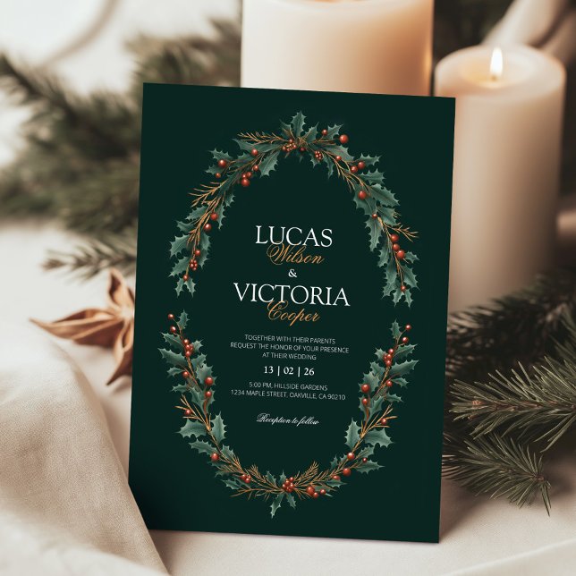Holly Wreaths Dark Green Winter Wedding Invitation (Creator Uploaded)