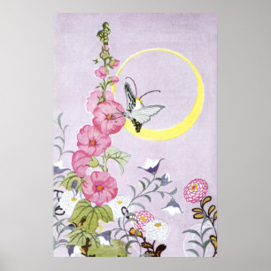 Hollyhock, Dahlia and Balloon Flowers Poster
