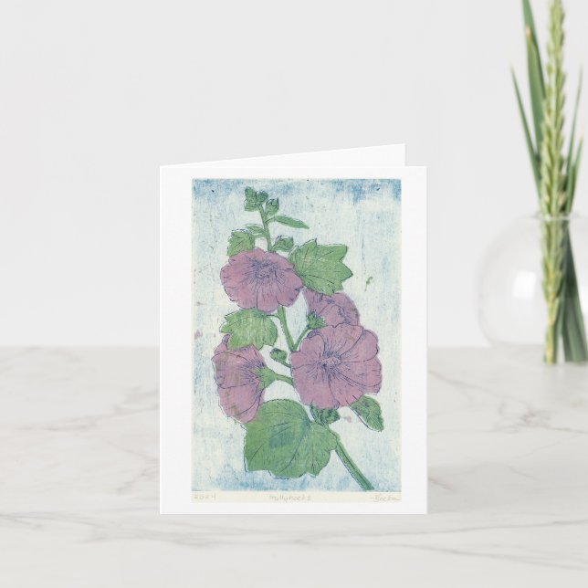 Hollyhock Intaglio + Japanese Woodblock Print Card (Front)