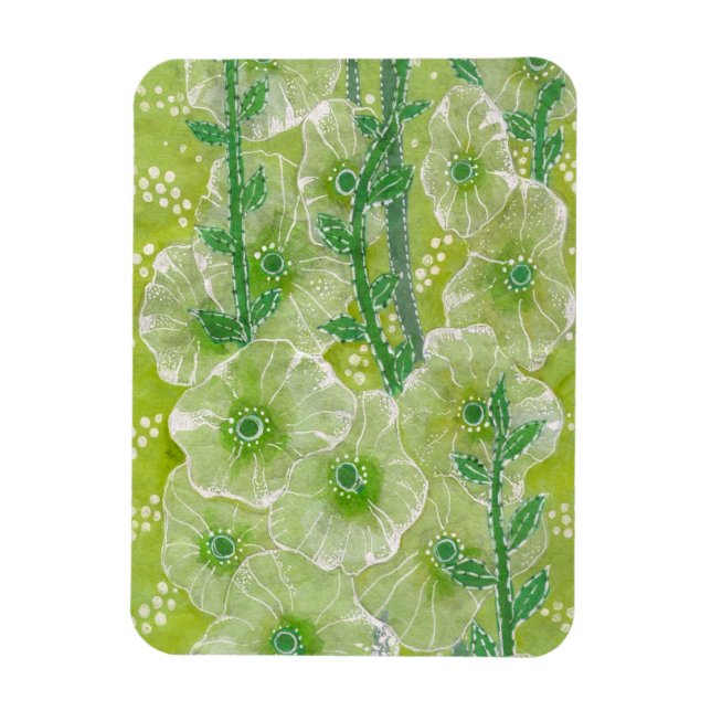  Hollyhock Mallow Flower Floral Art Painting Green Magnet (Vertical)