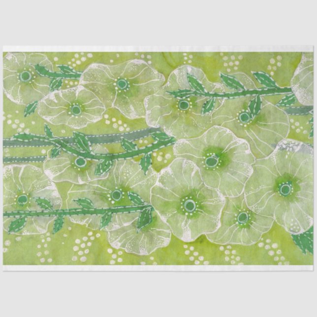 Hollyhock Mallow Malva Flowers Green Shades Floral Tissue Paper (Front)