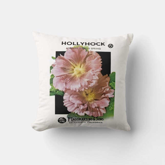 Hollyhock Vintage Seed Packet Cushion (Front)