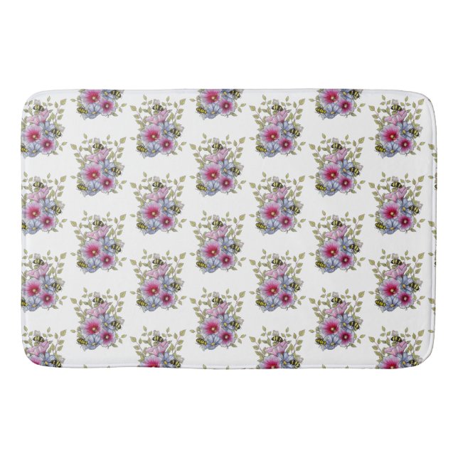 Hollyhocks and Blue Flowers with Bumble BEES Bath Mat (Front)