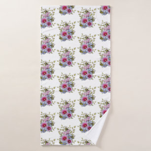 Hollyhocks and Blue Flowers with Bumble BEES Bath Towel