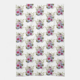 Hollyhocks and Blue Flowers with Bumble BEES Tea Towel