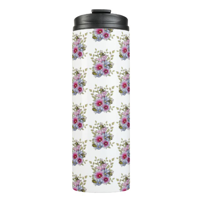 Hollyhocks and Blue Flowers with Bumble BEES Thermal Tumbler (Front)
