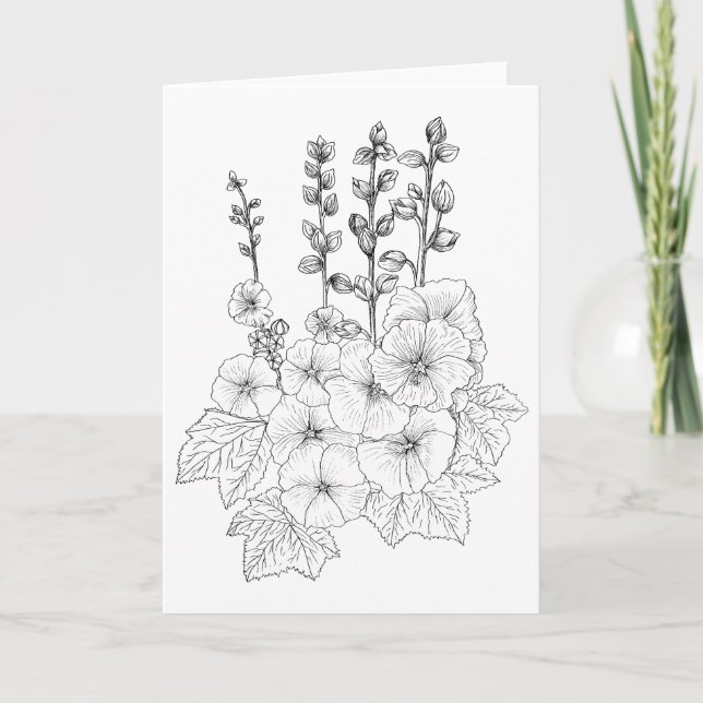 Hollyhocks Colour It Yourself Blank Greeting Card (Front)