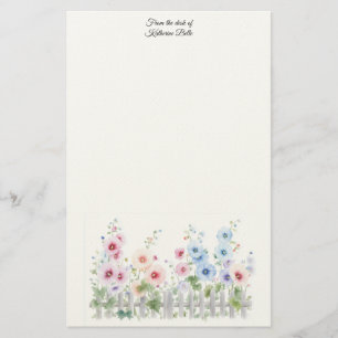 Hollyhocks & Rustic Wood Fence Watercolor Stationery