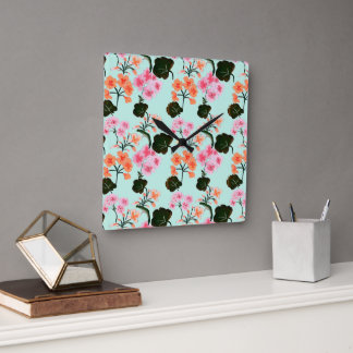 Hollyhocks Square Wall Clock