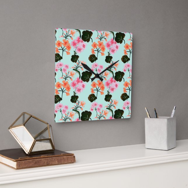 Hollyhocks Square Wall Clock (Office)
