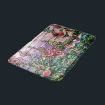 Hollyhocks Vintage Floral Tiffany Stained Glass Bath Mat<br><div class="desc">Gorgeous vintage Art Nouveau Tiffany Stained Glass Floral Window Reproduction depicted the beauty of a field of hollyhocks in romantic purple tone against sunset sky is on this bathmat.</div>