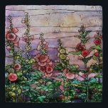 Hollyhocks Vintage Floral Tiffany Stained Glass Trivet<br><div class="desc">Gorgeous vintage Art Nouveau Tiffany Stained Glass Floral Window Reproduction depicted the beauty of a field of hollyhocks in romantic purple tone against sunset sky is on this stone trivet</div>