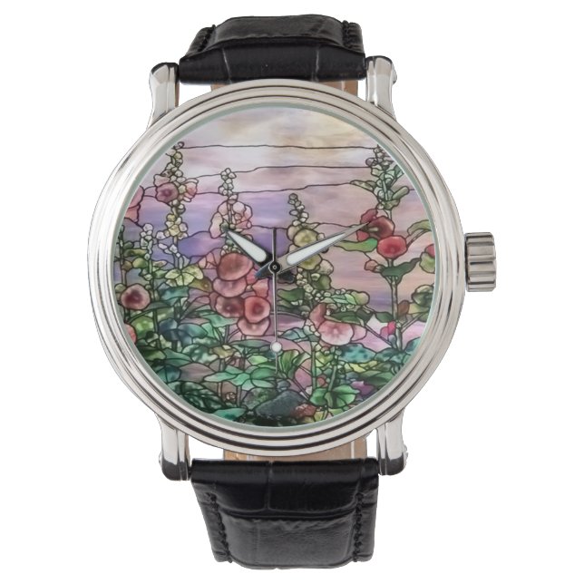 Hollyhocks Vintage Floral Tiffany Stained Glass Watch (Front)