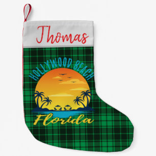 Hollywood Beach Florida Retro Sunset Green Plaid Small Christmas Stocking