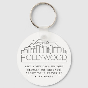 Hollywood, CA Stylized Skyline   Custom Slogan Key Ring
