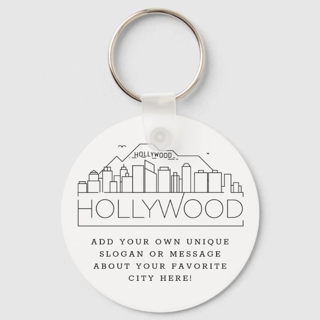 Hollywood, CA Stylized Skyline | Custom Slogan Key Ring (Front)
